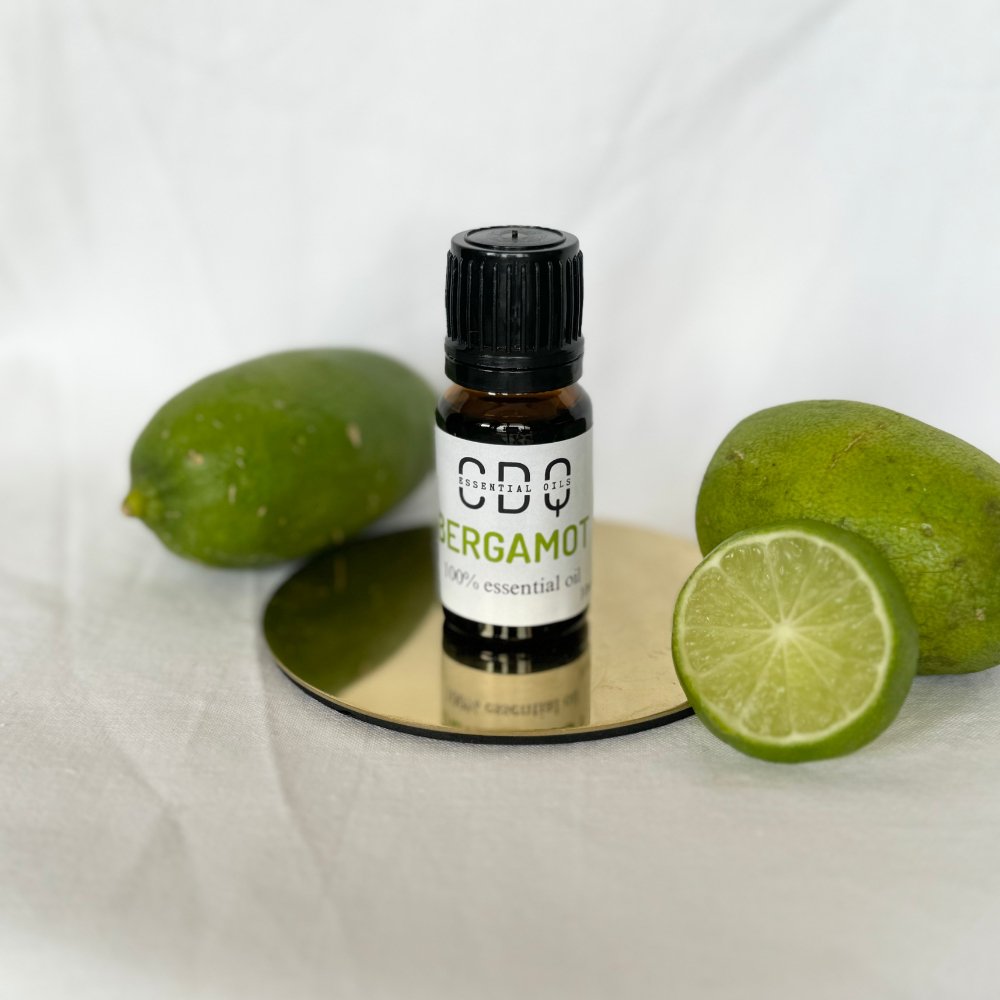 Bottle of pure bergamot essential oil with refreshing citrus aroma, ideal for aromatherapy, mood-lifting, and skincare routines