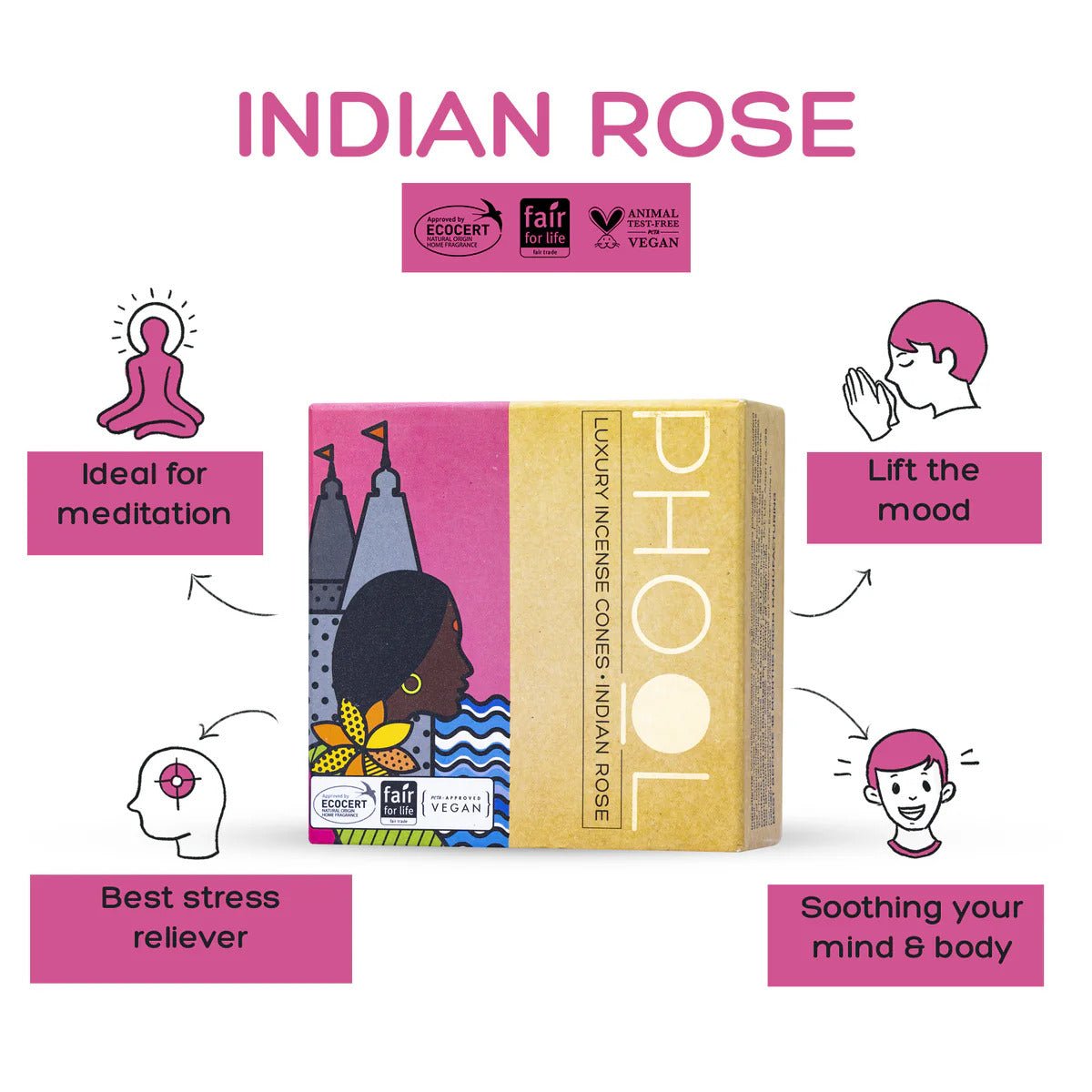 PHOOL NATURAL INCENSE CONES - INDIAN ROSE - HappyRuH